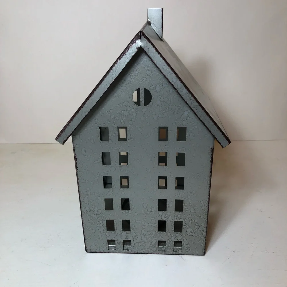 Decorative Galvantized Metal House Lantern/Candle/Votive Holder, EUC, Gray